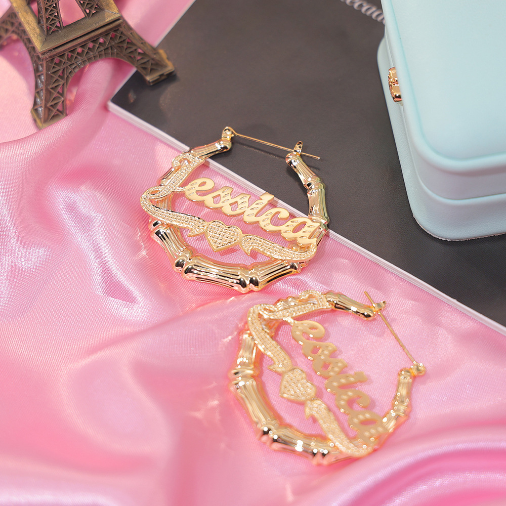 Customized Diamond Cut Heart Nameplate Bamboo Earrings