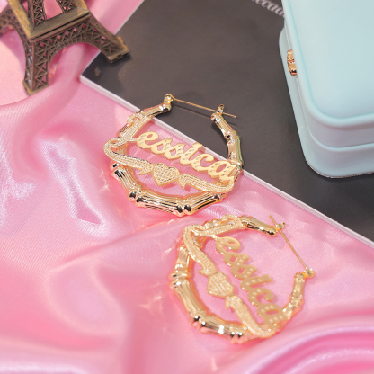 Customized Diamond Cut Heart Nameplate Bamboo Earrings