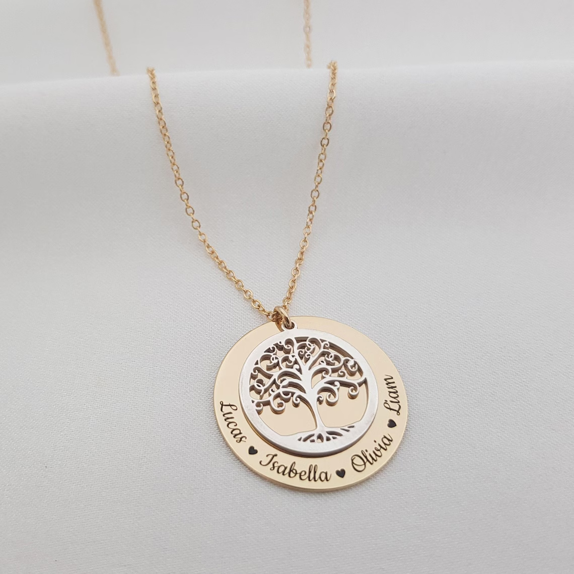 Personalized 2 to 5 Engraved Heart Names Tree Of Life Necklace Two Tone