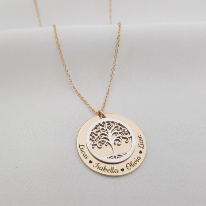 Personalized 2 to 5 Engraved Heart Names Tree Of Life Necklace Two Tone