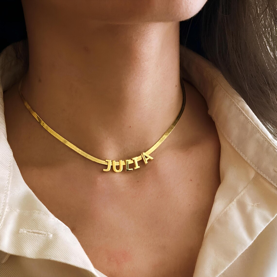 Personalized 3D Letter Name Necklace with Herringbone Chain