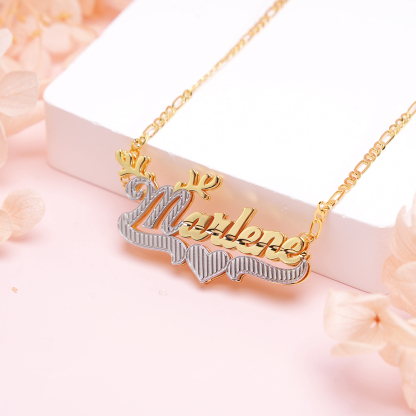 Double Layer Two Tone Personalized Antlers And Heart Name Necklace