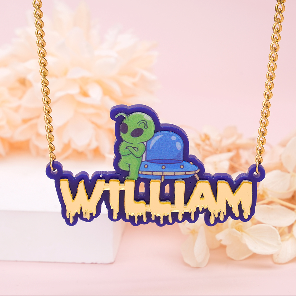 Personalized Custom Acrylic with Alien Spaceship Drip Letters Name Necklace