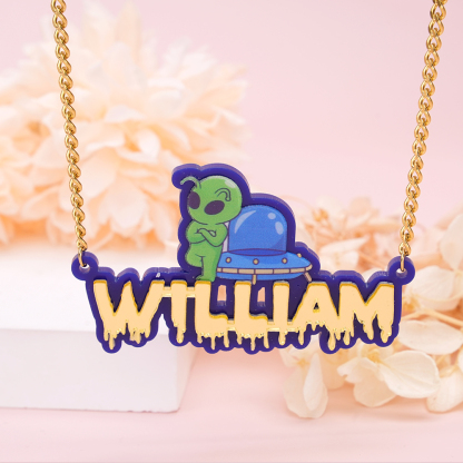 Personalized Custom Acrylic with Alien Spaceship Drip Letters Name Necklace 