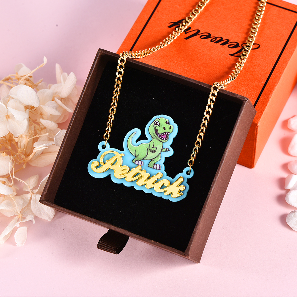 Boys Dinosaur Tyrannosaurus Acrylic Nameplate Pendant Personalized Name Necklace