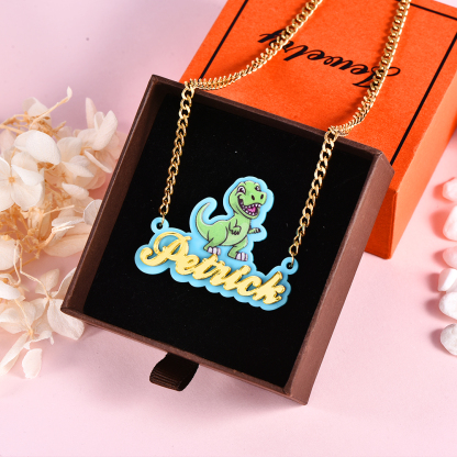 Boys Dinosaur Tyrannosaurus Acrylic Nameplate Pendant Personalized Name Necklace 