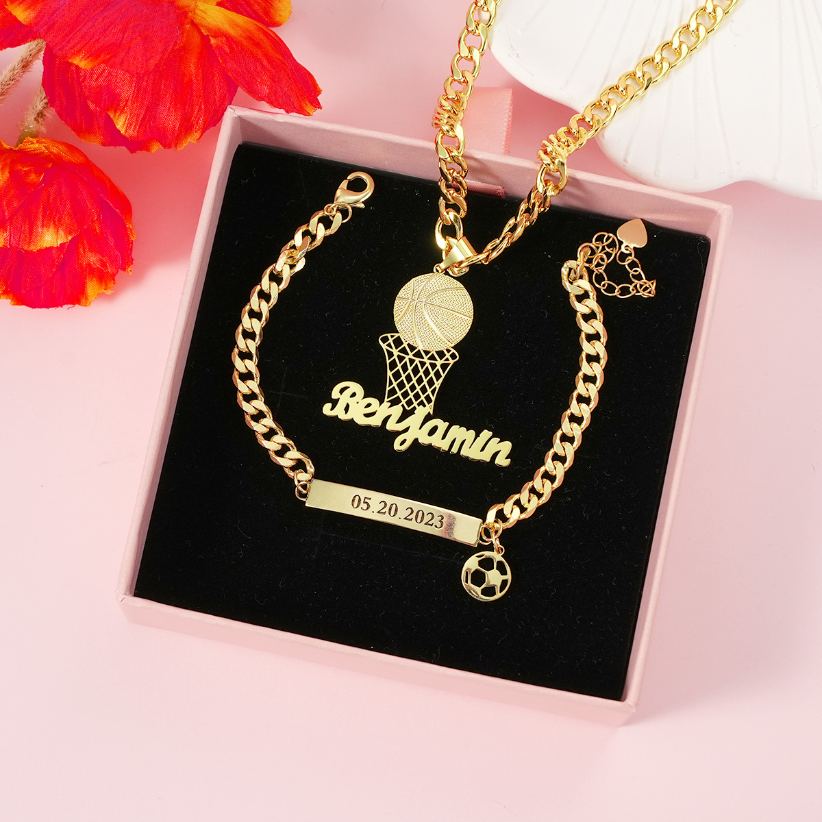 Sport Ball Nameplated Pendant Personalized Name Necklace And Name Bracelet