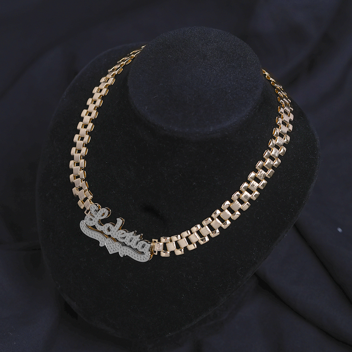 Watch Band Style Rolex Link Chain Double Plated Personalized Diamond Cut Name Necklace