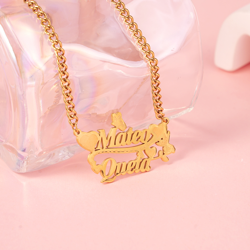 Heart Butterfly Nameplated Pendant Personalized Name Necklace Couple Necklace