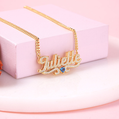 Double Layer Zircon With Birthstone Nameplated Pendant Personalized Name Necklace