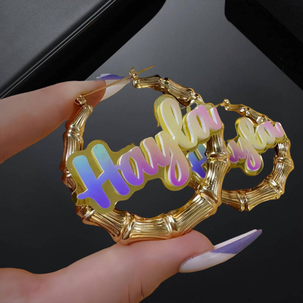 Rainbow Bamboo Hoop Name Earrings