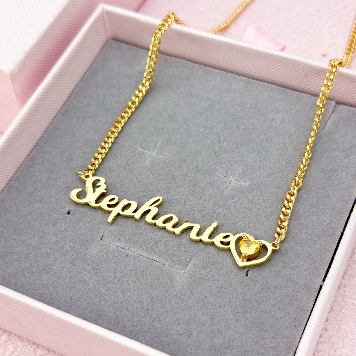 Personalized Gold Plated Heart Birthstone Nameplate Necklace