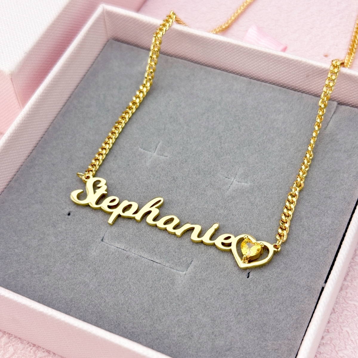 Personalized Gold Plated Heart Birthstone Nameplate Necklace