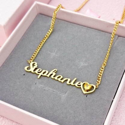 Personalized Gold Plated Heart Birthstone Nameplate Necklace