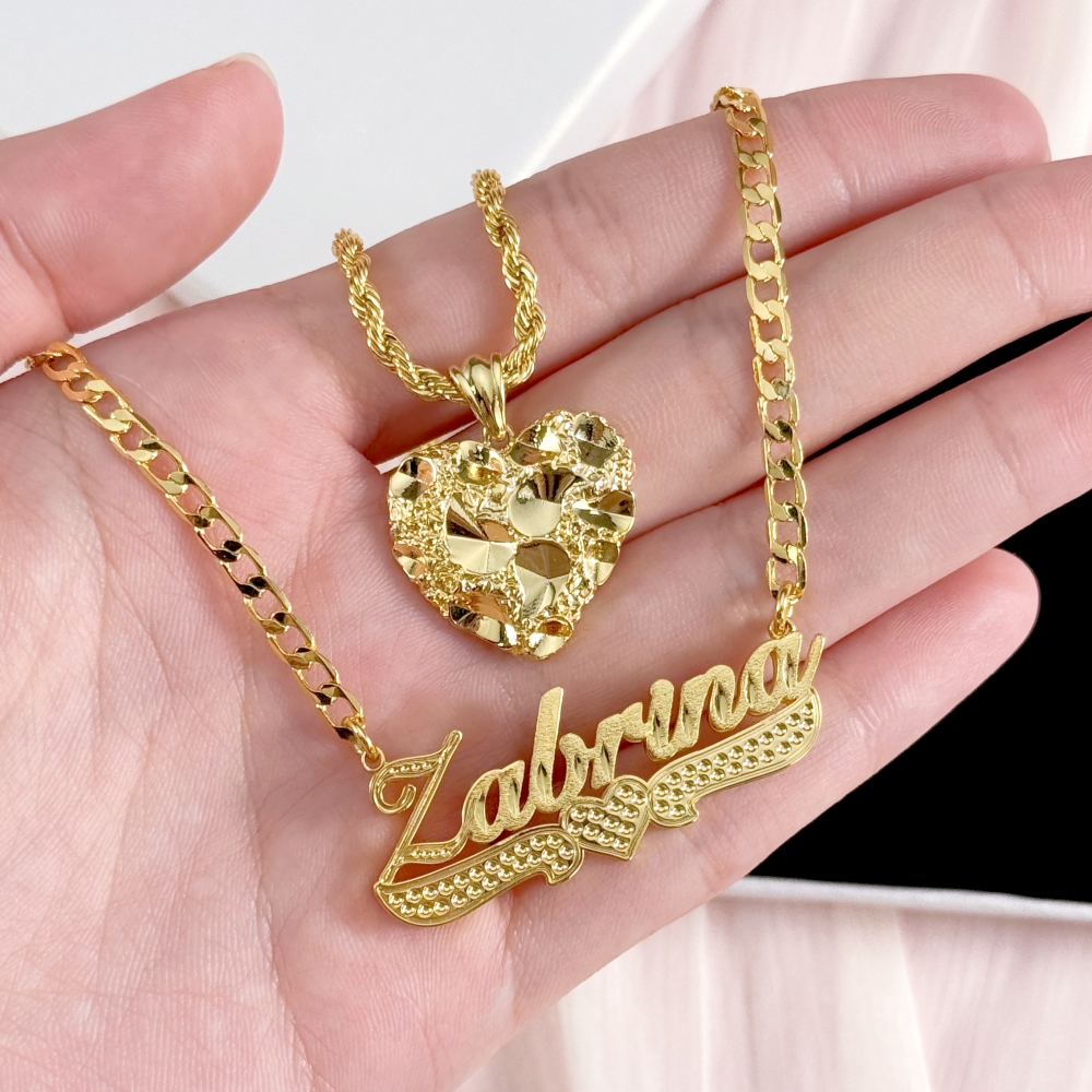 Nugget Style Heart Pendant Necklace and Diamond Cut 3D Name Necklace Set