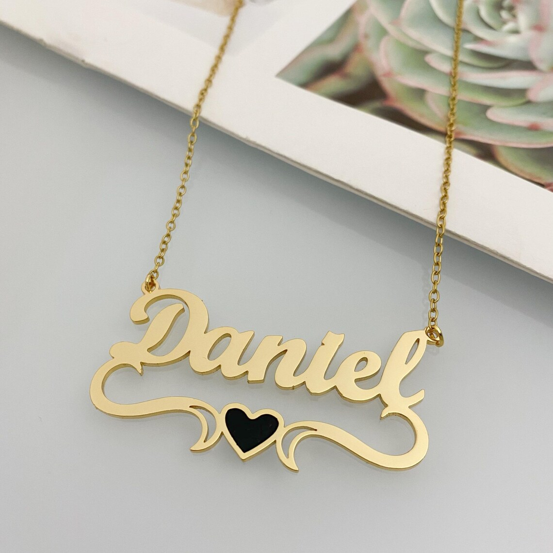 Gold Plated Enamel Heart Nameplate Necklace and Bamboo Earrings Jewelry Set