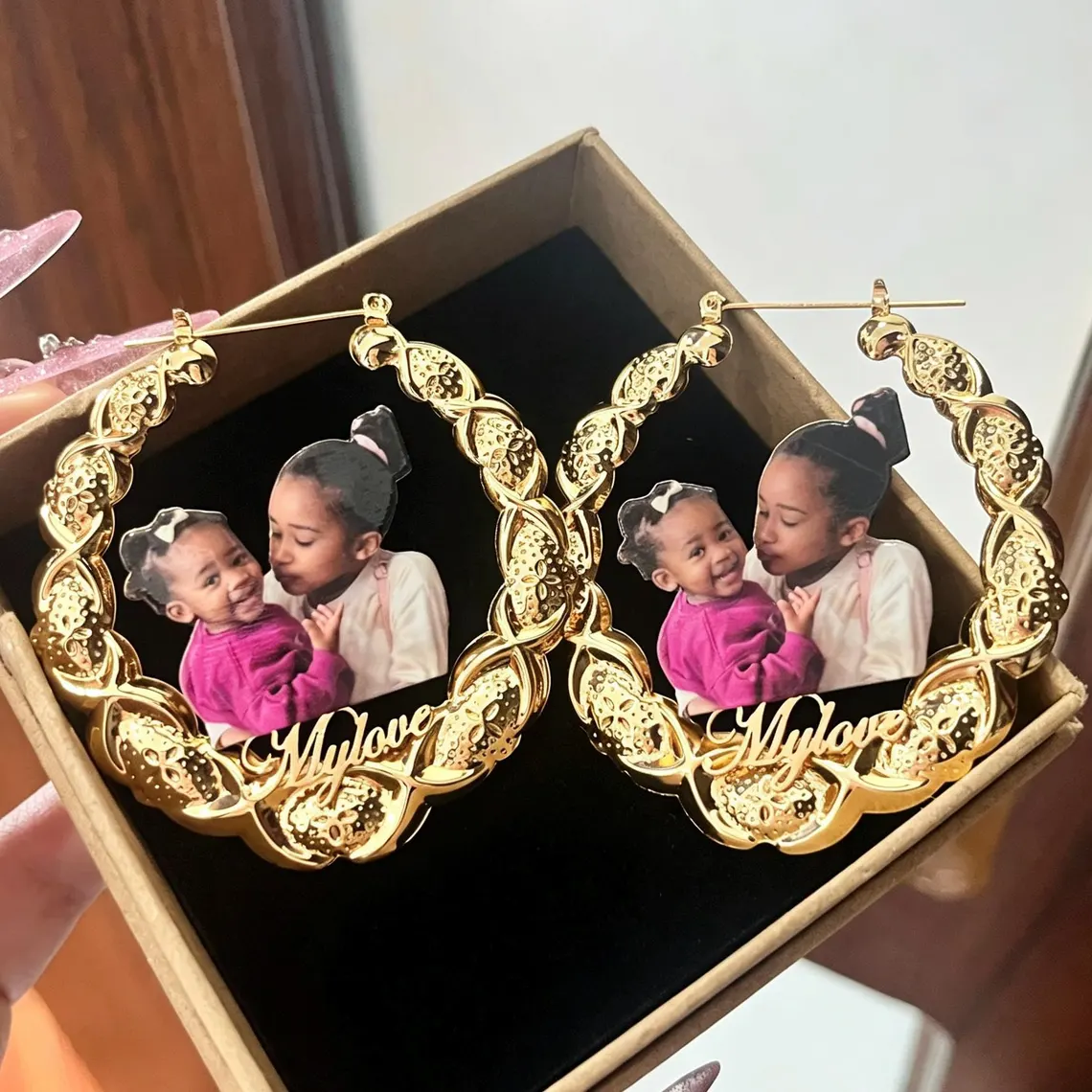 Custom Gold Plated Photo Portrait Name Xoxo Bamboo Earrings