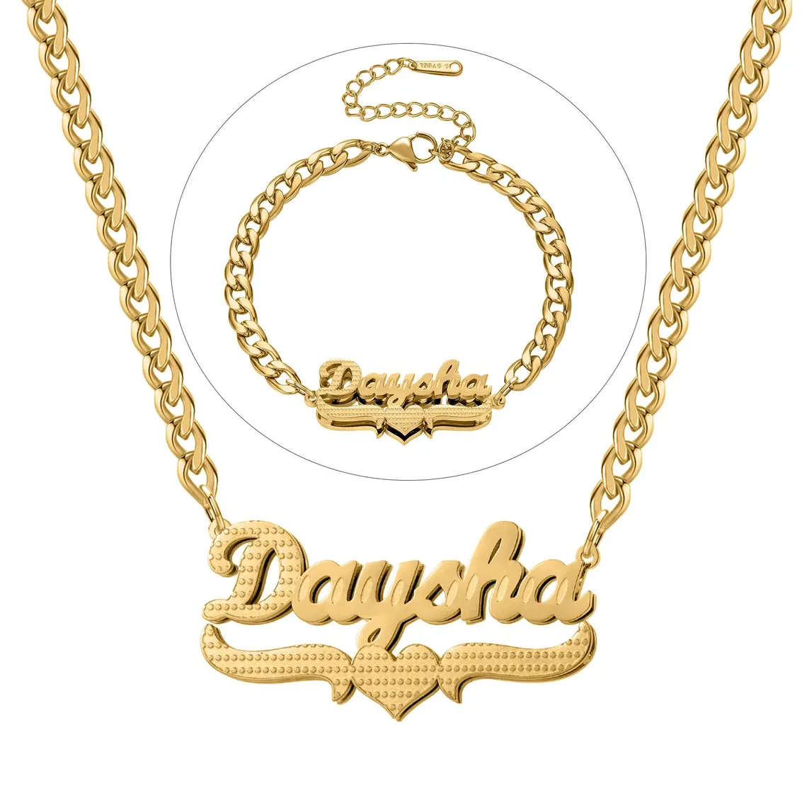 Custom Double Plate Heart Name Necklace Bracelet Jewelry Set