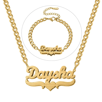 Custom Double Plate Heart Name Necklace Bracelet Jewelry Set