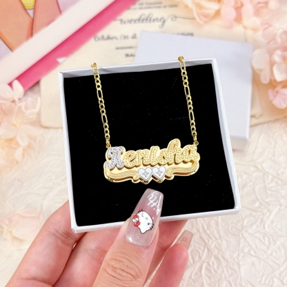 Two Tone Double Plate Custom Name Necklace with Two Hearts