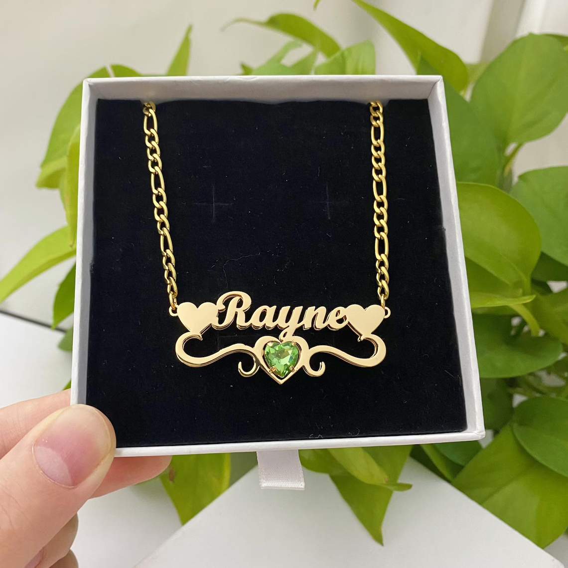 Personalized Three Hearts Birthstone Double Plate Name Necklace