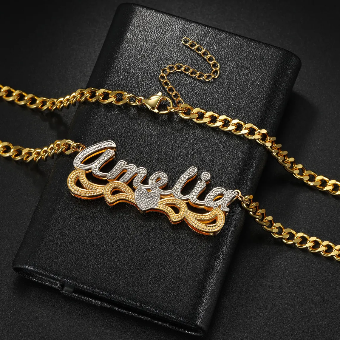 Custom Two Tone Double Plate Diamond Cut 3D Heart Name Necklace
