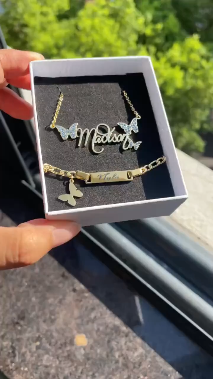 Butterfly Name Necklace & Bracelet Personalized Gold Jewelry Set
