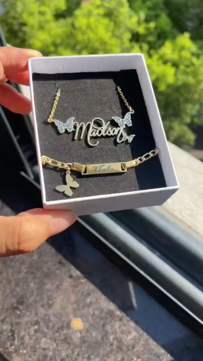 Butterfly Name Necklace & Bracelet Personalized Gold Jewelry Set