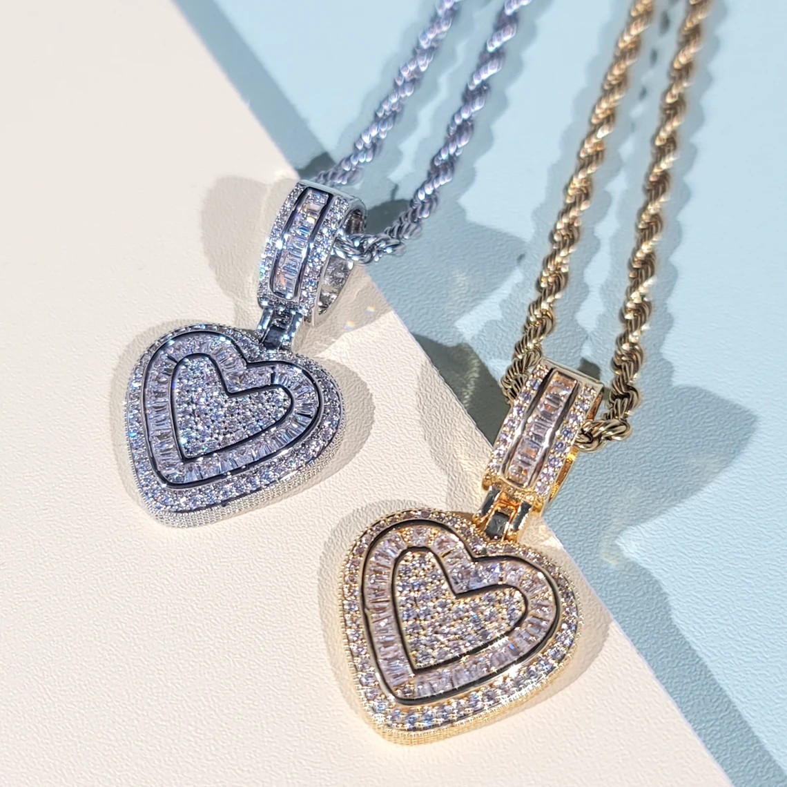 Rope Chain Iced Out Mini Baguette Heart Pendant Necklace