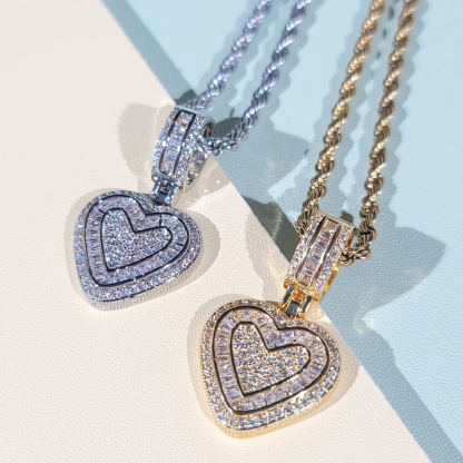 Rope Chain Iced Out Mini Baguette Heart Pendant Necklace