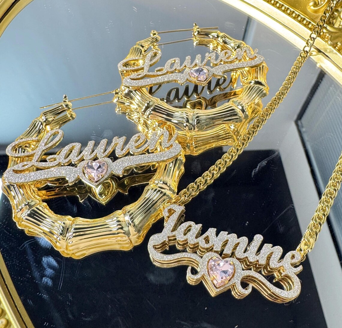 Shiny Heart Birthstone Personalized Name Necklace Bamboo Earrings Set