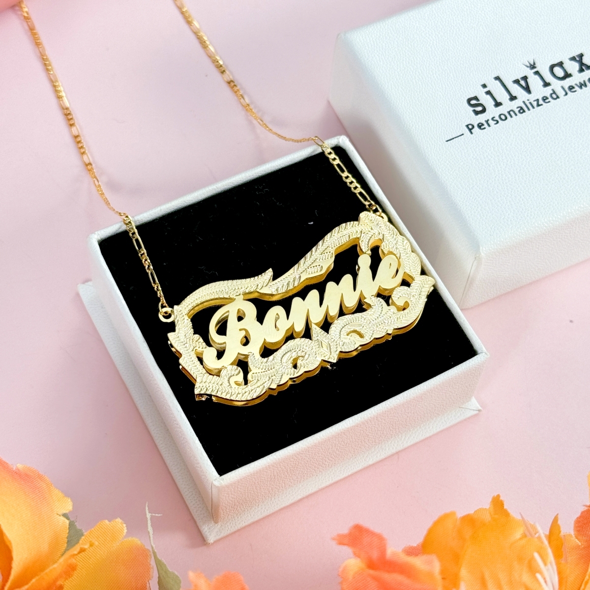 Custom Double Layer Diamond Cut 3D Name Necklace Gold Plate