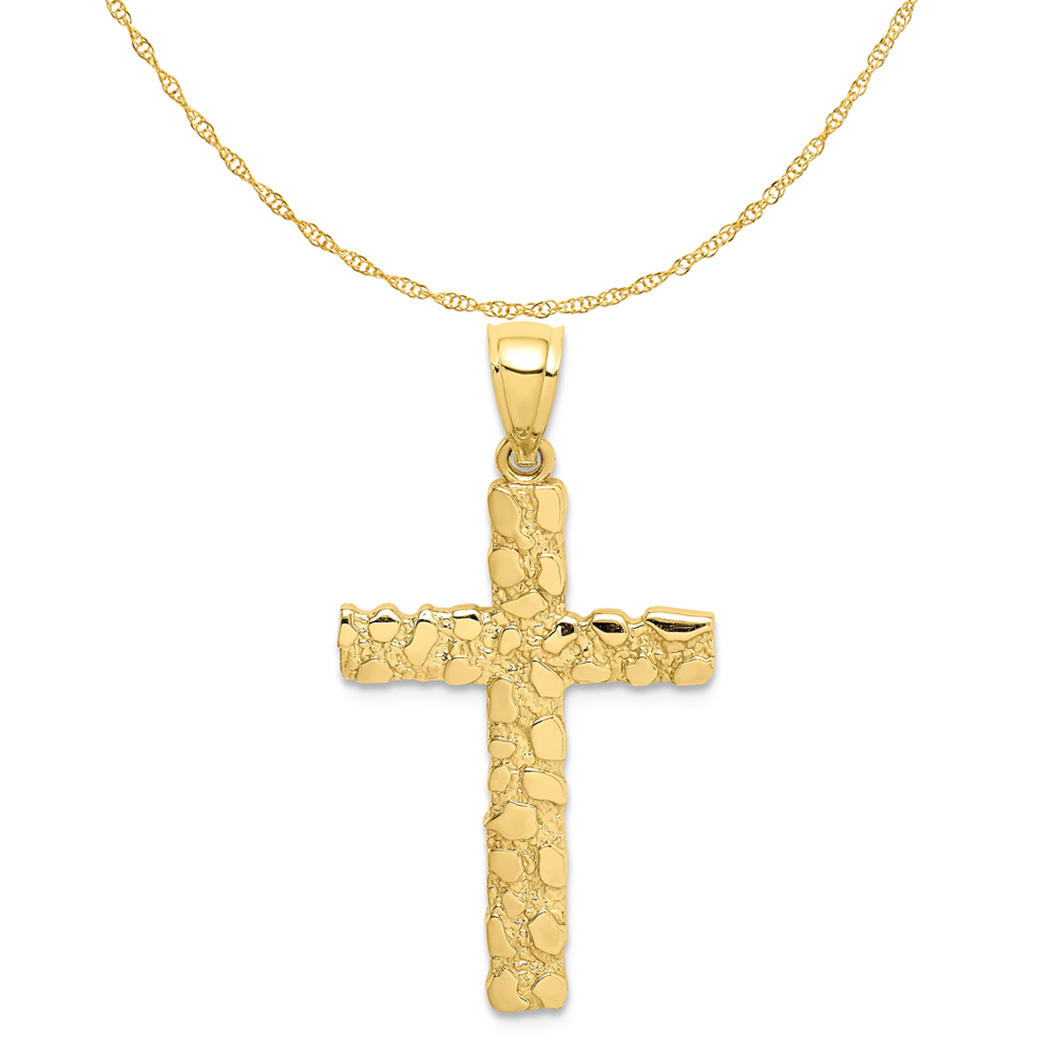 Gold Plated Nugget Cross Necklace With Lightweight Rope Chain