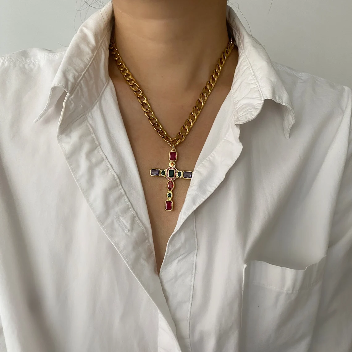 Chunky Colorful Gemstone Big Cross Pendant Necklace