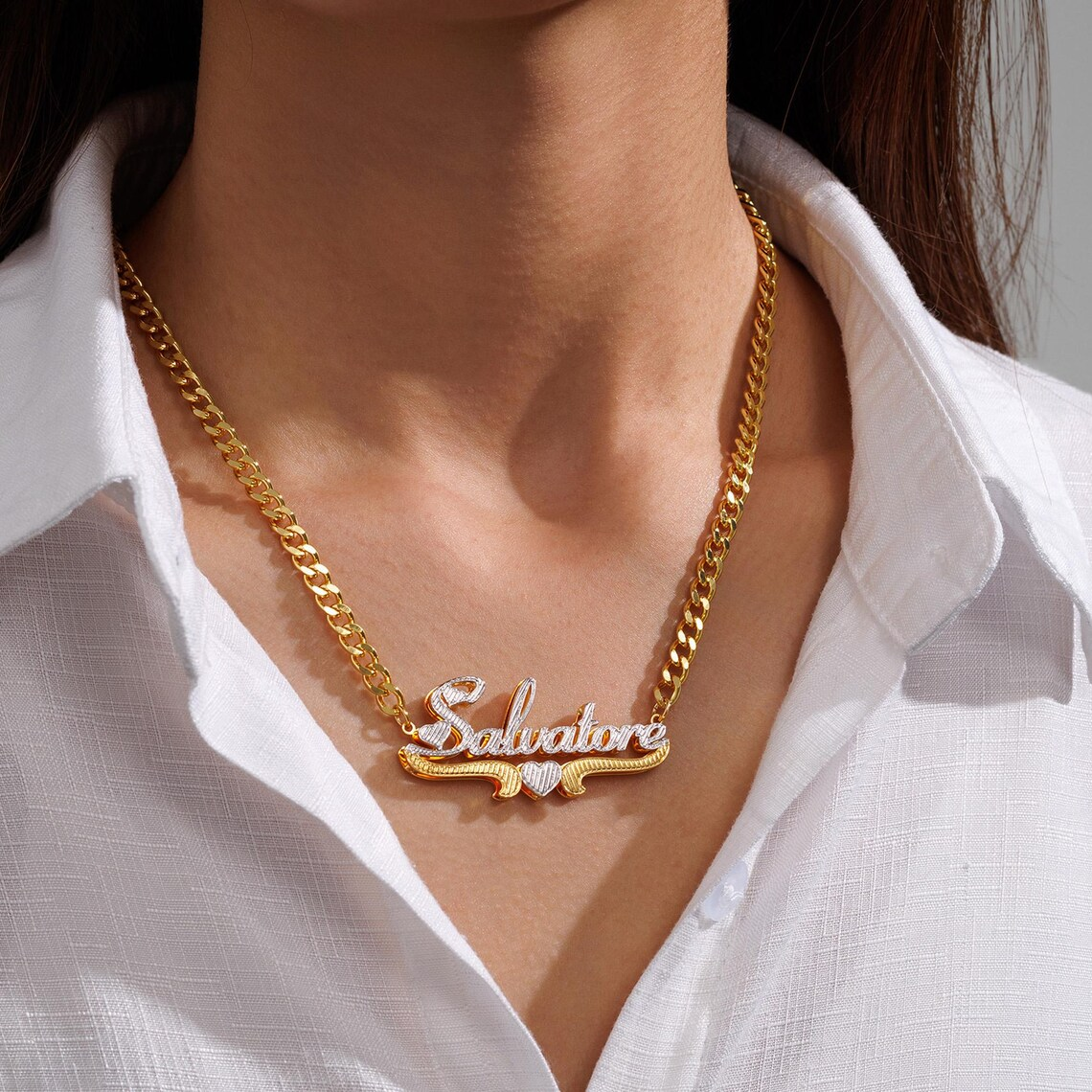 Custom Two Tone Double Plate 3D Heart Name Necklace