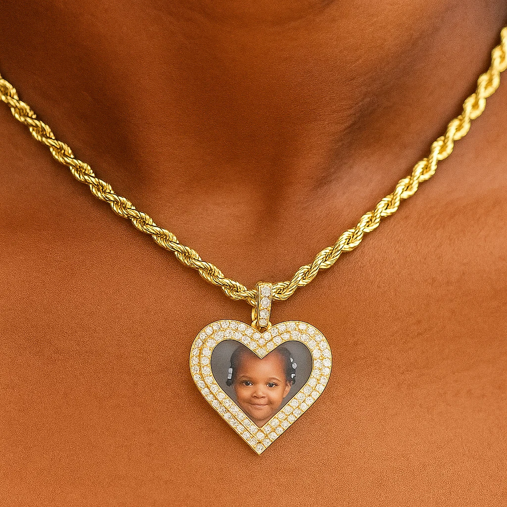 Rope Chain Custom Heart Shape Double Rows Zircon Custom Photo Necklace