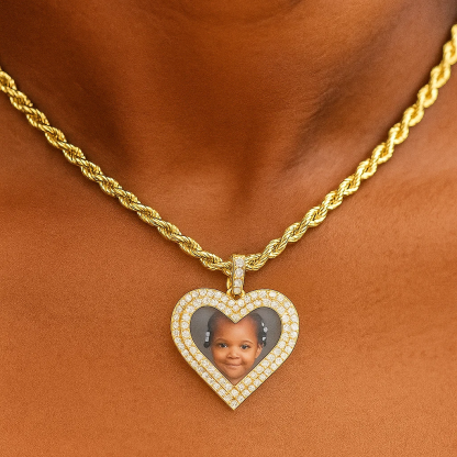 Rope Chain Custom Heart Shape Double Rows Zircon Custom Photo Necklace