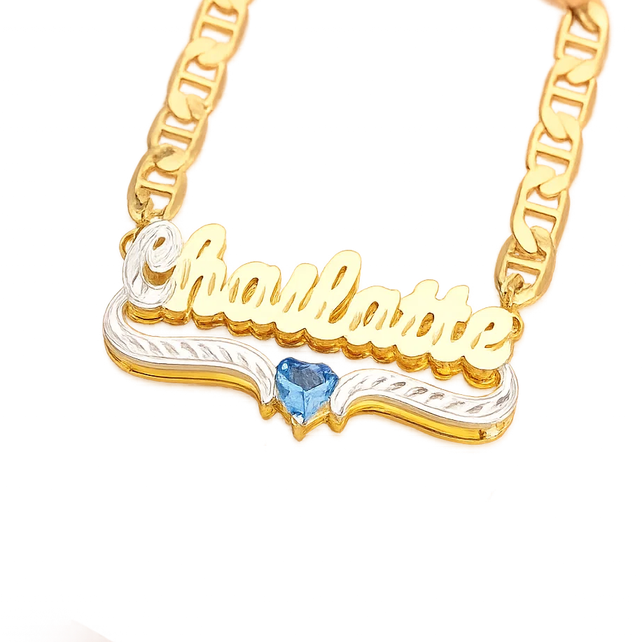 Custom Double Plated Two Tone Name Necklace With Birthstone And Heart
