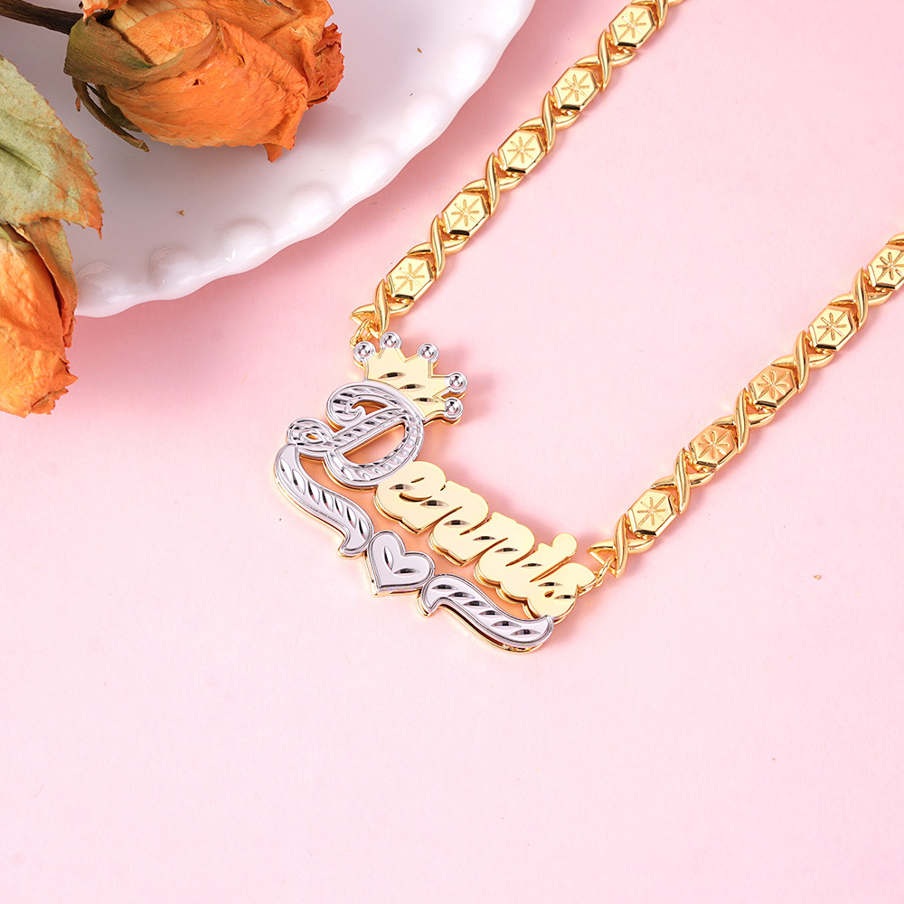 Double Layer Two Tone Crown xoxo Chain Personalized Custom Gold Plated Name Necklace