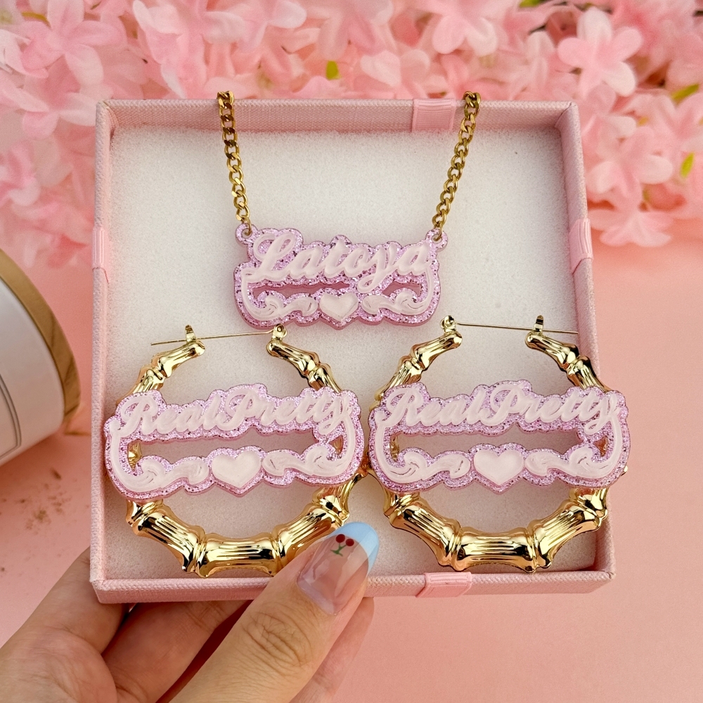 Personalized Pink Acrylic Heart Name Necklace Bamboo Hoop Earrings Set