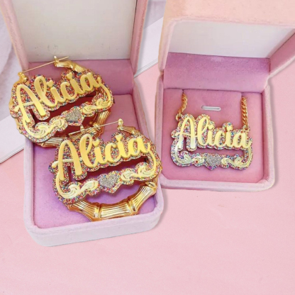 Acrylic Heart Color Name Necklace And Bamboo Hoop Earrings