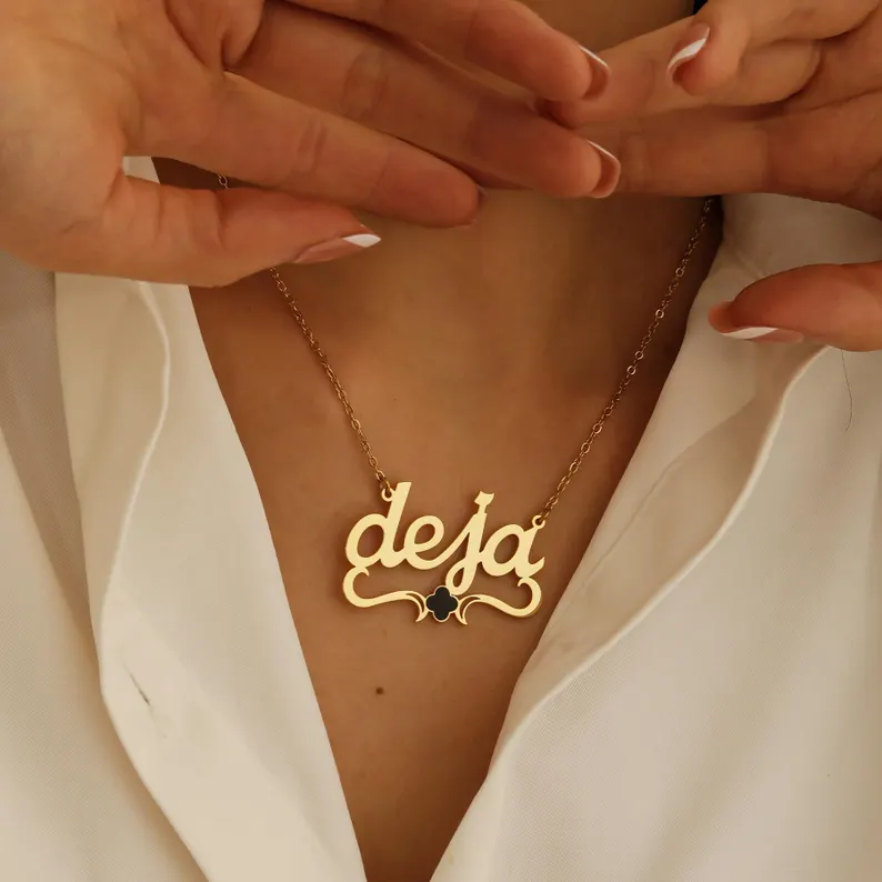 Custom Gold Plated Clover Charm Color Name Necklace