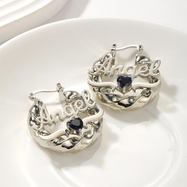 Custom Name Hoop Birthstone Stud Earrings Gold or Silver Personalized Earrings