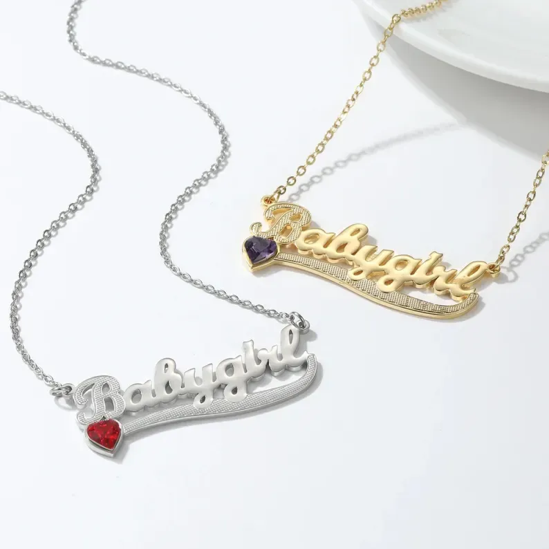 Gold Plated Birthstone Heart Name Necklace