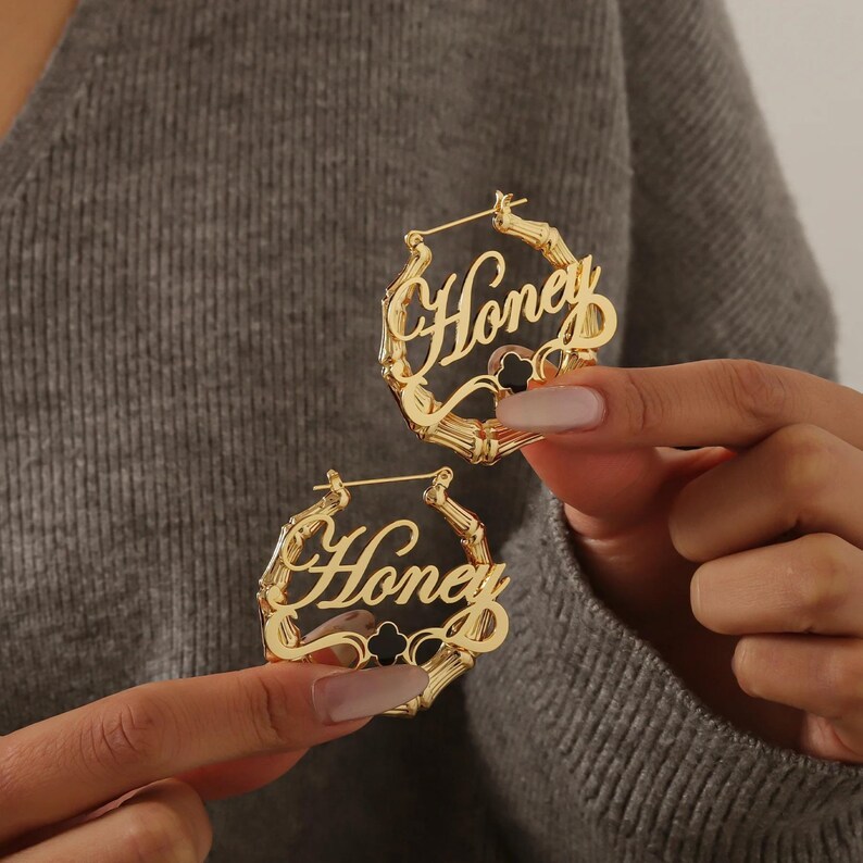 Gold Plated Personalized Bamboo Hoop Clover Name Earrings