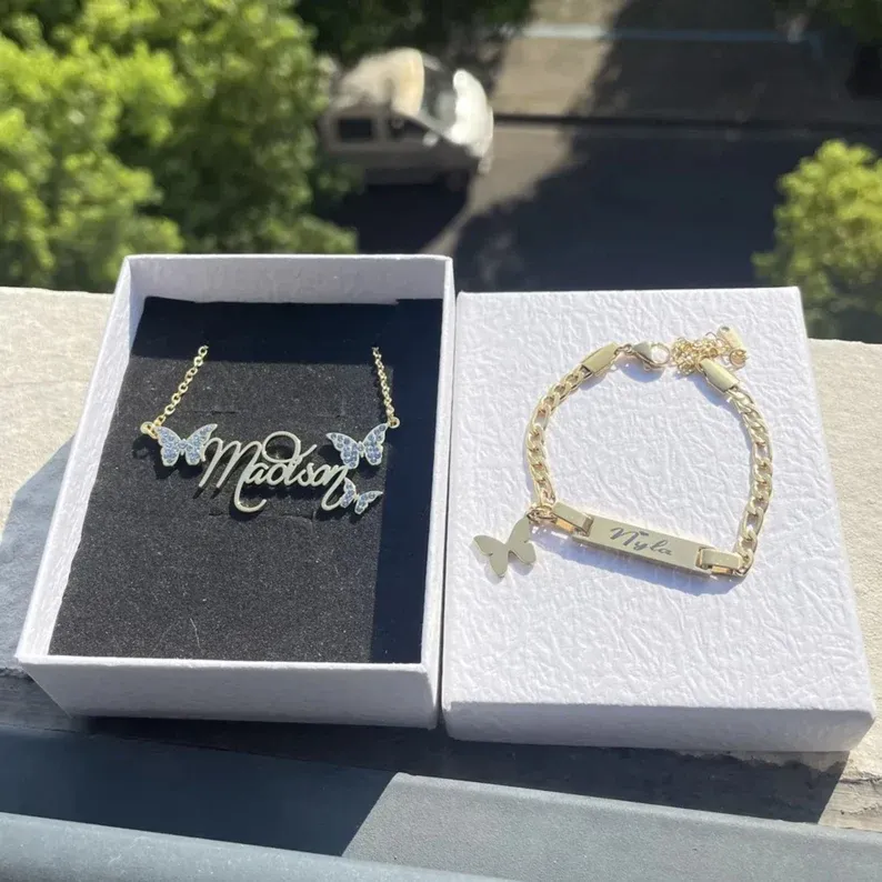 Butterfly Name Necklace & Bracelet Personalized Gold Jewelry Set