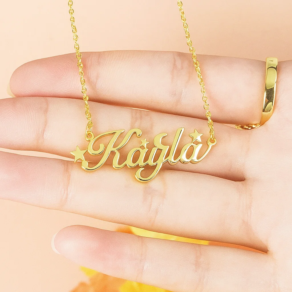Stars & Moon Nameplate Personalized Custom Gold Plated Name Necklace