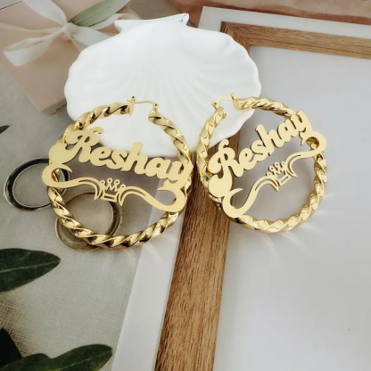 Personalized Custom Twist Hoop Name Earrings with Crown