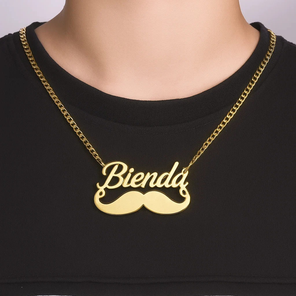 Gold Plated Mustache Name Necklace Custom Necklace