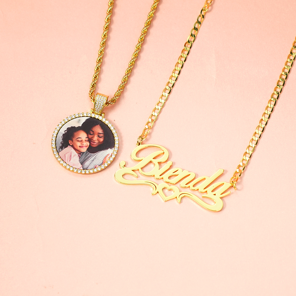 Personalized Photo Medallions Necklace And Hollow Heart Name Necklace Jewelry Set